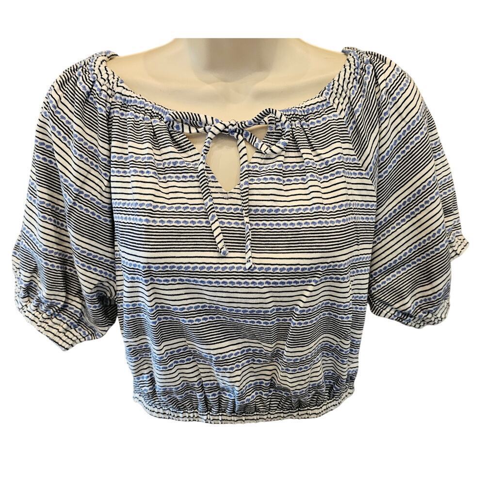 Madewell Jacquard Keyhole Puff Sleeve Crop Top Stripe chambray boho S EUC